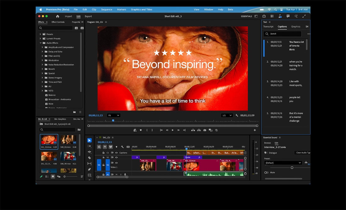 MacBook Pro ekrānā redzama Adobe Premiere Pro aplikācija, kurā tiek rediģēta filma ar nosaukumu Eternal Play