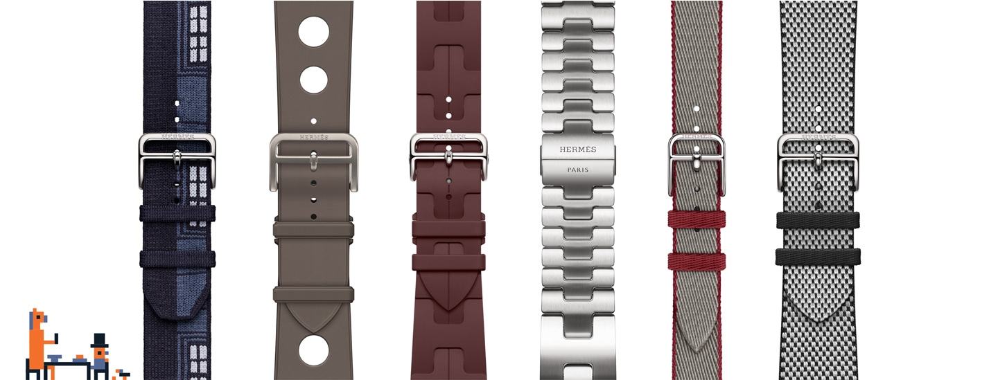 رسم بفن البكسل لشخص وحصان يجلسان إلى طاولة، وأحزمة Hermès: حزام Faubourg Party بلون أزرق عتمة الليل، وحزام Scub'H Diving بلون تيتانيوم رمادي، وحزام Kilim Single Tour بلون أحمر بوردو، وحزام Grand H بلون ساتان، وحزام Twill Jump Attelage Single Tour بلون رمادي ماير/أحمر جارنيت، وحزام Toile H Single Tour بلون أسود/بيج إيكرو