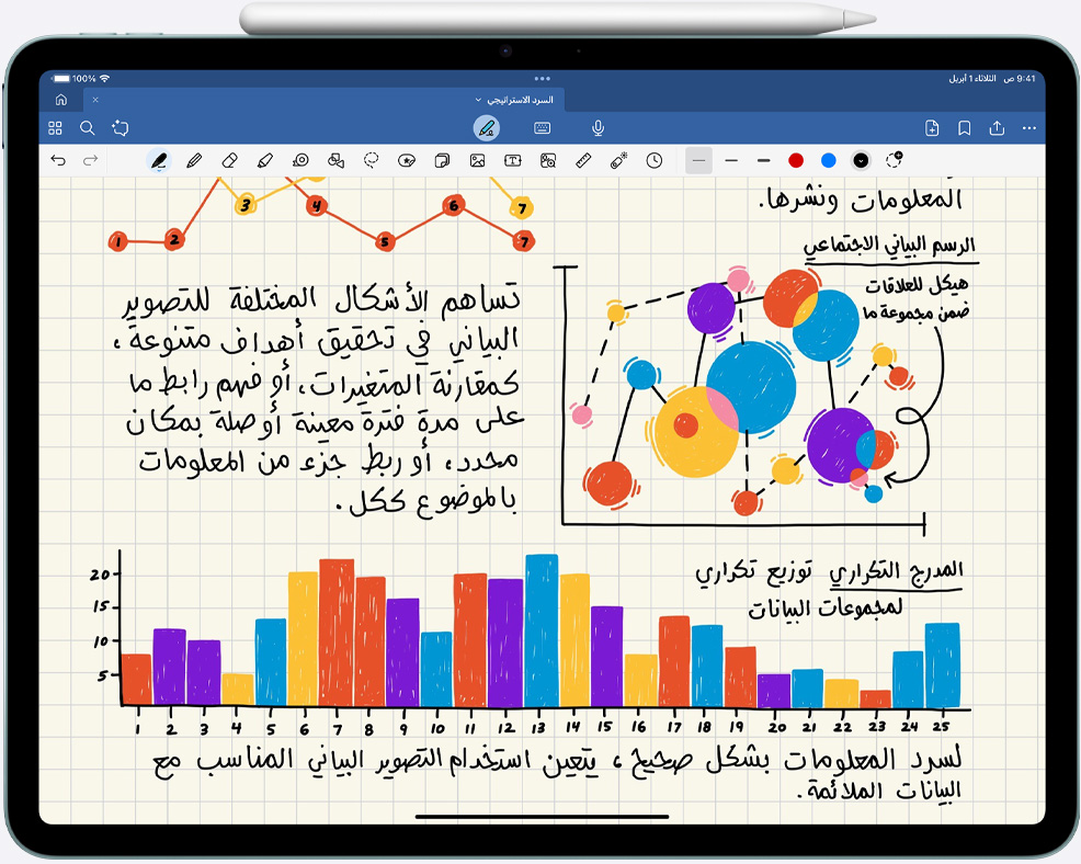 ملاحظات ومخططات بخط اليد على iPad Air، وقلم Apple Pro‏ مثبت على الجهاز