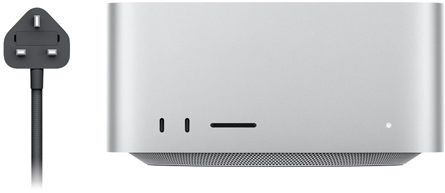 صورة لجهاز Mac Studio إلى جانب سلك الطاقة الخاص به