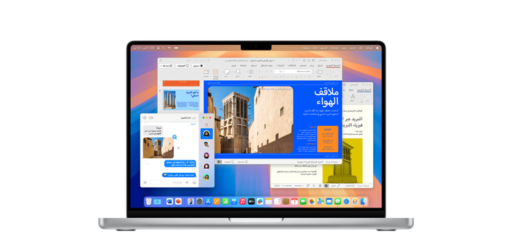 عرض توضيحي لتطبيقات مثل Microsoft PowerPoint وتطبيق الرسائل على جهاز MacBook Pro بشريحة M4.‏