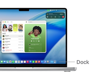 A tour of macOS navigation on MacBook Pro 14" with lines indicating the location of the Dock.