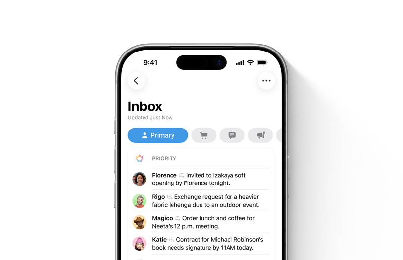 iPhone 展示郵件 app 的收件箱，重要訊息置於頂部