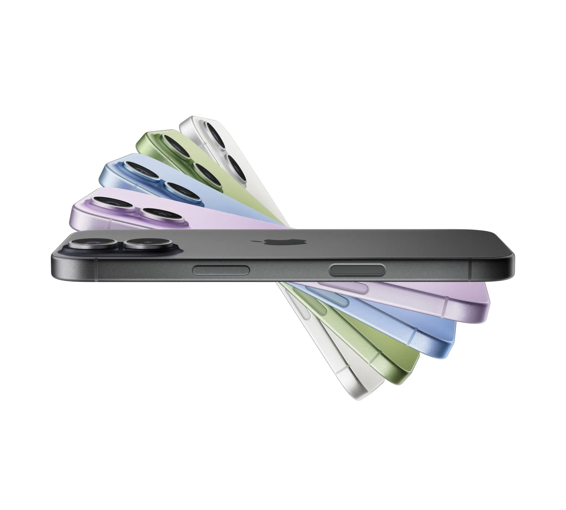 幾部 iPhone 17 裝置呈扇形排列，顏色分別為黑色、薰衣草紫色、霧藍色、鼠尾草綠色、白色