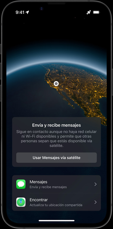Un iPhone 16e muestra funcionalidades de conectividad, como Mensajes vía satélite, Encontrar, Asistencia en Carretera y Emergencia SOS.
