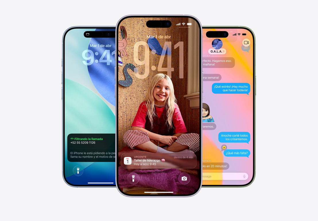 Pantalla de un iPhone que muestra el aviso para filtrar una llamada, pantalla de un iPhone que muestra un aviso de Calendario sobre un fondo personalizado con la foto de una niña, pantalla de un iPhone que muestra Mensajes con diseño de Liquid Glass