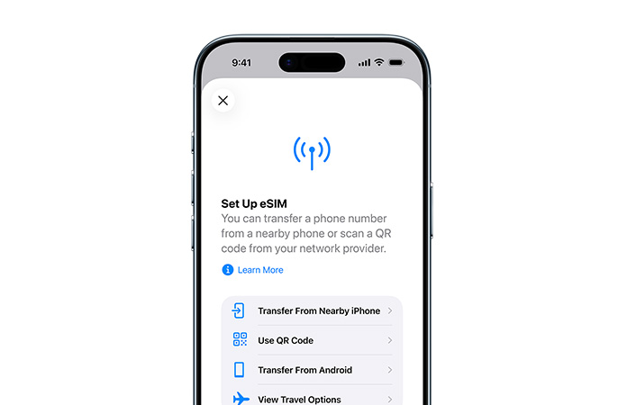 iPhone Air, front exterior, using the Set Up Mobile Data feature to easily transfer a phone number with eSIM