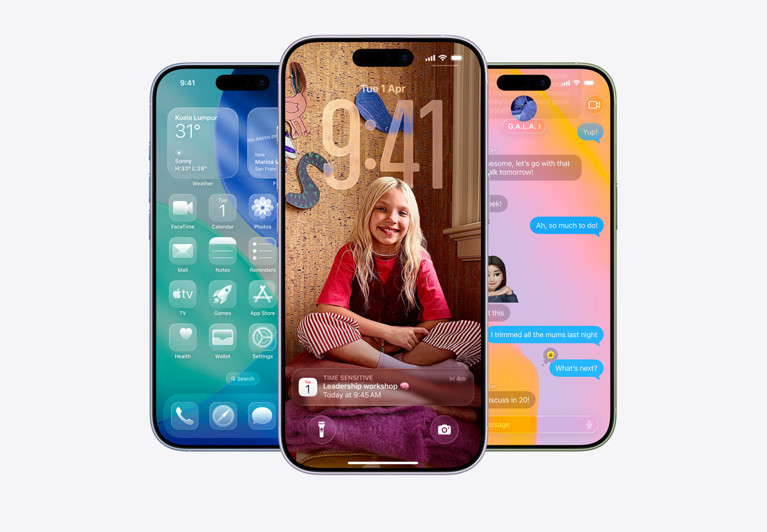 iPhone screen showing call screening pop-up, iPhone screen showing Calendar pop-up on personalised background with photo of a child, iPhone screen showing Messages with Liquid Glass design