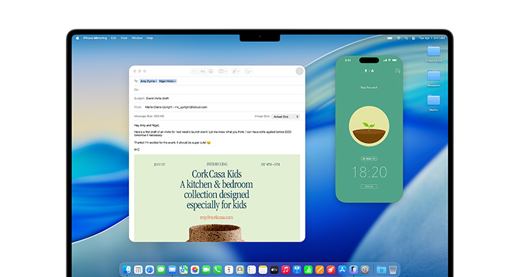 MacBook Pro 16“ with Mail and iPhone Mirroring the Uber Eats app on screen.