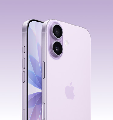 iPhone 17 pe culoarea Lavandă, ecran parțial și unghi lateral, arată - butonul Acțiune, butonul de volum și butonul lateral. Exteriorul spate arată sistemul avansat dual de camere în colțul din stânga sus.