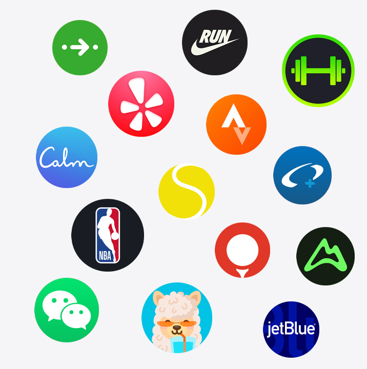 Pictograme aplicații Apple Watch: ChargePoint, Yelp, Nike Run Club, SmartGym, Calm, NBA, SwingVision, Oceanic+, WeChat, Waterllama, Golfshot, JetBlue, AllTrails
