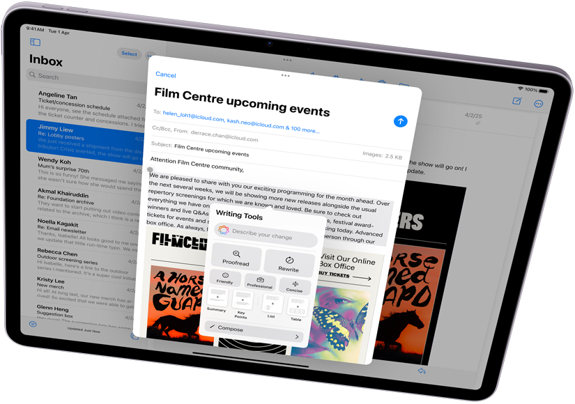 Landscape view of iPad Air showcasing Apple Intelligence, with Writing Tools and Mail