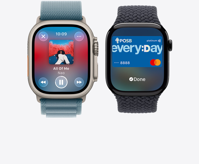 Apple Watch Ultra 3, titanium case, natural colour, Apple Music app, now playing screen, Apple Watch Series 11,  aluminum case, polished jet black colour, Apple Pay screen