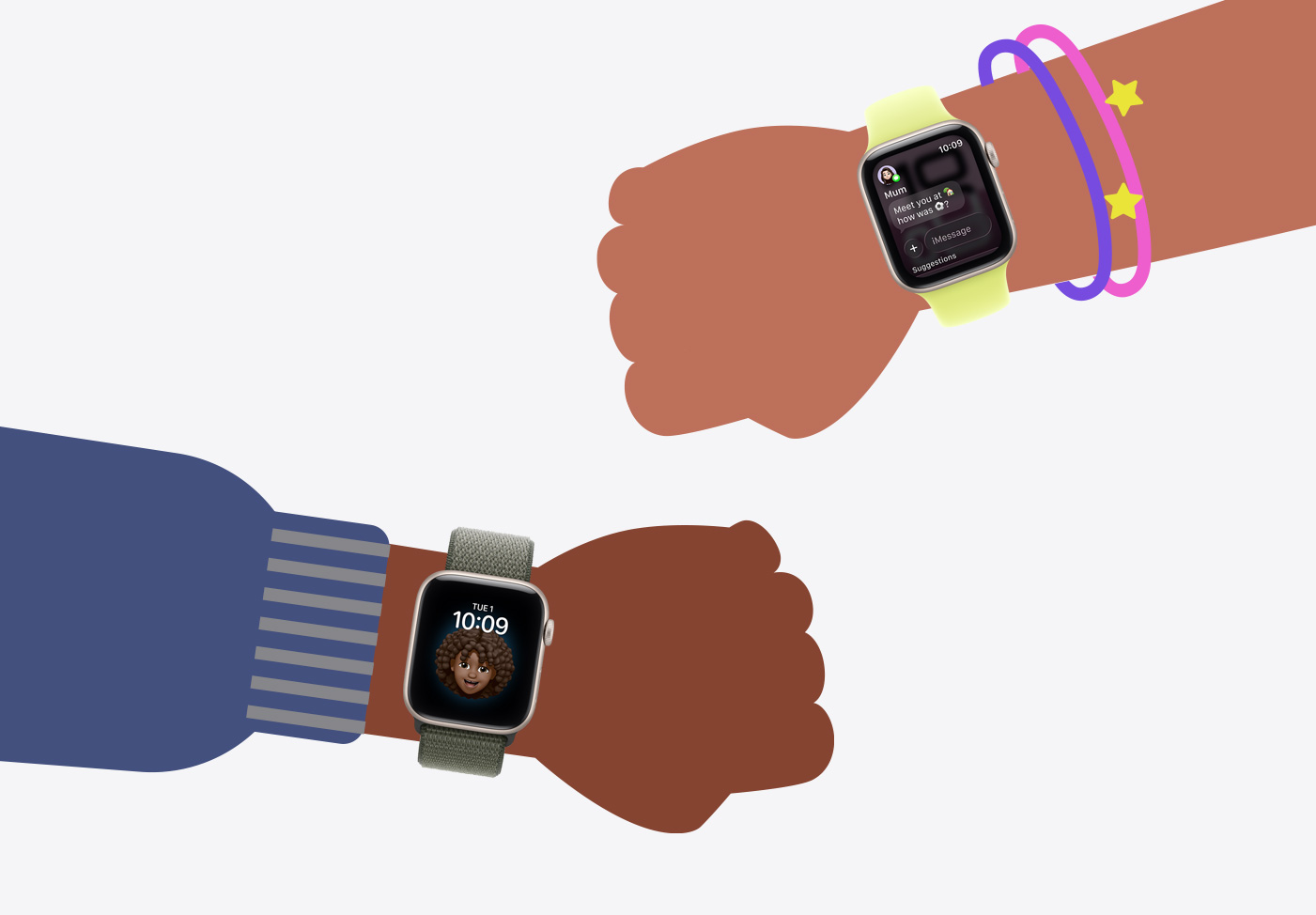 Apple Watch For Your Kids, cartoon illustrations of kids wrists wearing Apple Watch SE 3