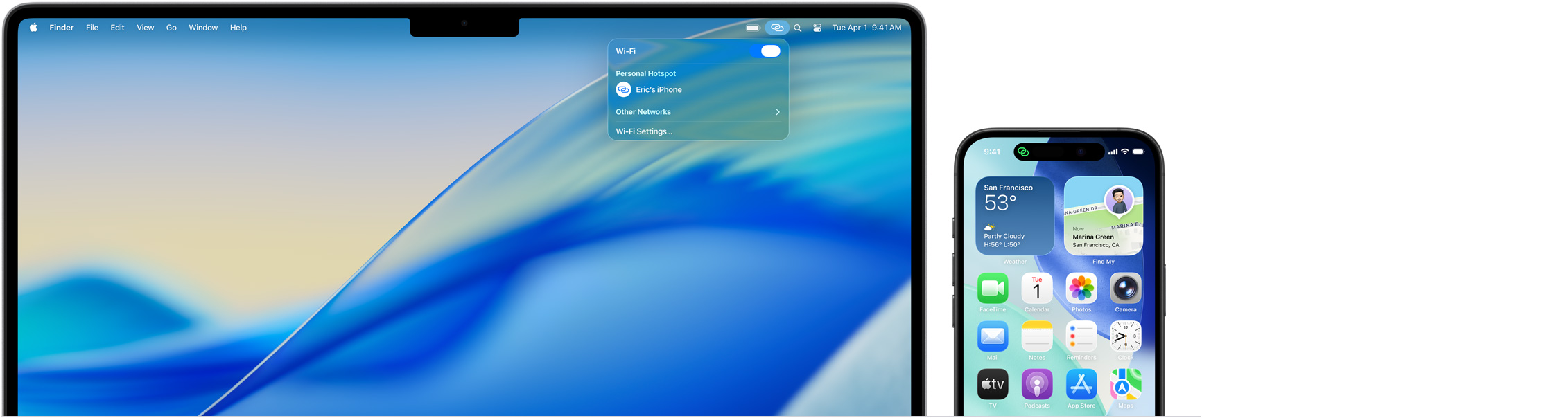 MacBook Pro รุ่น 14 นิ้ว ที่มีศูนย์ควบคุมเปิดอยู่ในแถบเมนู, การเชื่อมต่อฮอตสปอตส่วนบุคคลแสดงข้อความว่า: iPhone ของ Eric, iPhone 16 พร้อมไฟแสดงสถานะฮอตสปอตส่วนบุคคลสีเขียวที่มุมซ้ายบนของหน้าจอ