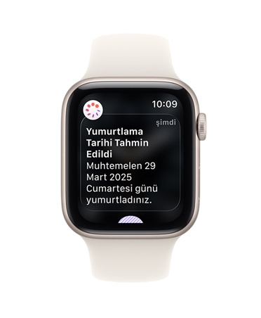 Apple Watch SE 3, alüminyum kasa, yıldız ışığı renk, Sağlık uygulamasındaki Döngü İzleme’den yumurtlama tarihi tahminiyle ilgili bildirim, Digital Crown, Spor Kordon, yıldız ışığı renk