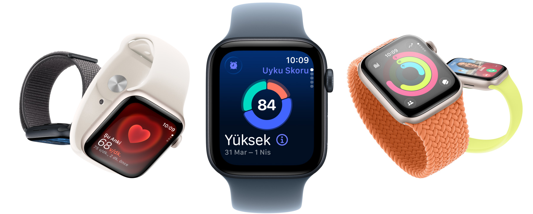 Apple Watch SE 3 aygıtları, alüminyum kasalar, yıldız ışığı ve gece yarısı renkleri, ekranlar: Yaşam Bulguları uygulaması, Kalp Atış Hızı uygulaması, Uyku Skoru, Aktivite halkaları, gelen arama