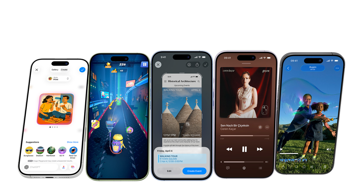 iPhone 17 devices in different colors, screens showing various apps