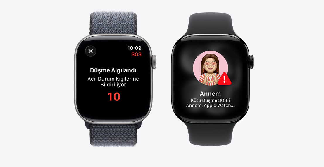 Apple Watch Series 11, Trafik Kazası Algılama bildirimi, Acil Arama düğmesi, ikincisinde “Anne”nin sert bir şekilde düştüğüne ve acil servisin arandığına ilişkin bir bildirim ekranı gösteriliyor