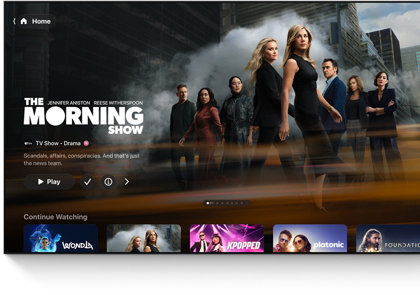 A flatscreen television showing the Apple TV app's homescreen UI