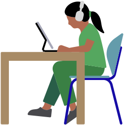 Eine Person, die AirPods trägt und ein iPad benutzt, während sie an einem Schreibtisch sitzt