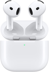 Estuche de carga de los AirPods 4 abierto, AirPods flotando sobre el estuche.