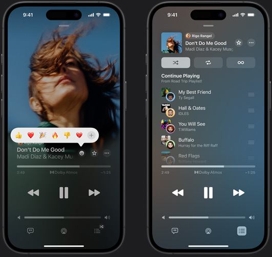 iPhone aan de linkerkant met het nummer ‘Don’t Do Me Good’ van Madi Diaz en Kacey Musgraves en een aantal emoji om erop te reageren: duim omhoog, hartje, confetti, duim omlaag en een plusteken voor een andere reactie. iPhone aan de rechterkant met een gezamenlijke playlist ‘Road Trip Playlist’ met meerdere nummers die door verschillende mensen zijn toegevoegd