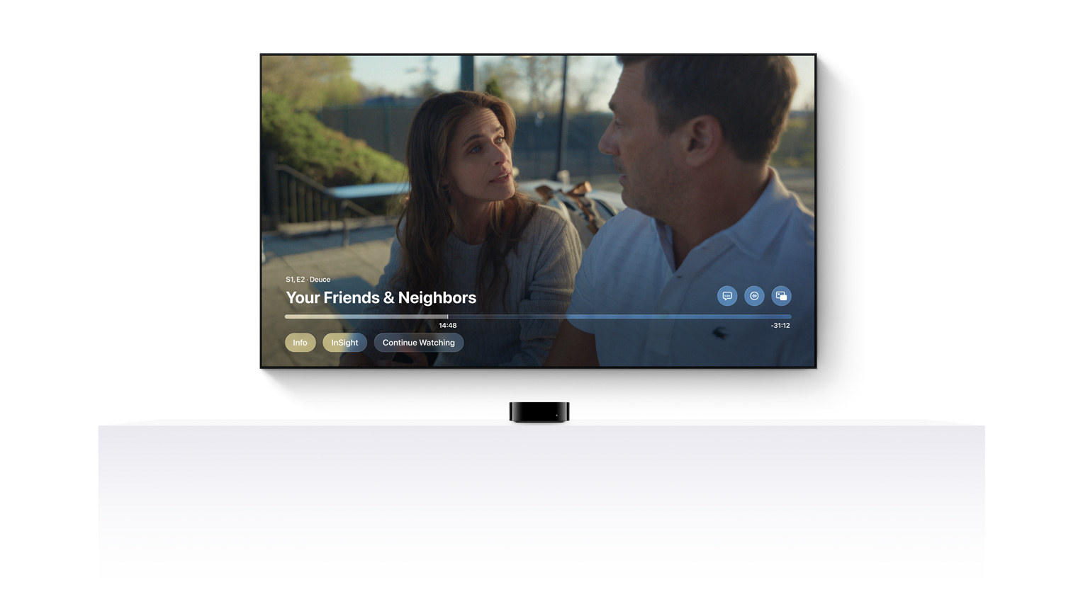 The Apple TV+ show "Your Friends & Neighbors" on a TV screen. Below the screen is an Apple TV4K.