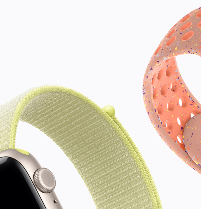 Apple Watch SE 3, aluminum case, starlight  color, neon yellow Sport Loop, alpenglow pink Nike Sport Band