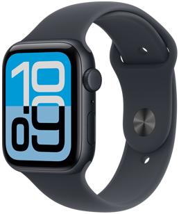 Apple Watch SE 3, hliníkové pouzdro, temně inkoustová barva, ciferník Tok, na pravém boku korunka Digital Crown, mikrofon, boční tlačítko, temně inkoustový sportovní řemínek, stříbrné kolíčkové zapínání