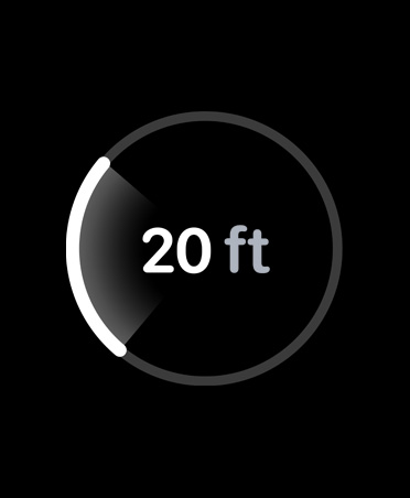 Precisionssökning, en vit förloppsindikator i form av en cirkel runt siffror som anger uppskattat avstånd till en borttappad iPhone
