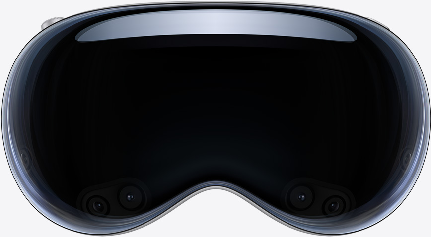 Apple Vision Pro, front, black colour, Digital Crown in top-left corner