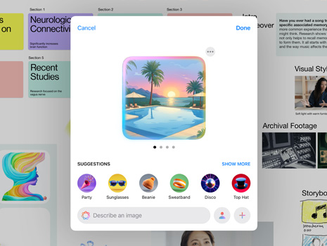Interface de usuário da experiência do Image Playground que mostra uma piscina com palmeiras durante um pôr do sol colorido e sugestões de mais elementos para adicionar à imagem.