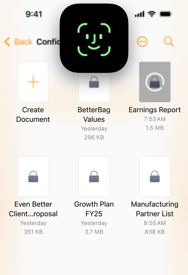 A tela do iPhone mostra o Pages com o ícone do Face ID na frente para demonstrar como desbloquear um aparelho com segurança.
