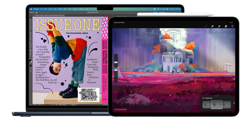 MacBookとiPadにデザインアプリが表示されており、iPadのそばにはApple Pencil Proがある