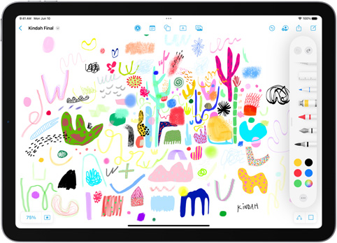 iPadで、カラフルなスケッチの上にフリーボードアプリの描画ツールのドロワーが開いている