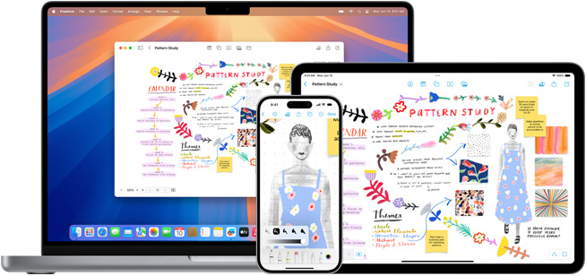 MacBook、iPhone、iPadのフリーボードに「模様の研究」というタイトルの同じボードが表示されている。