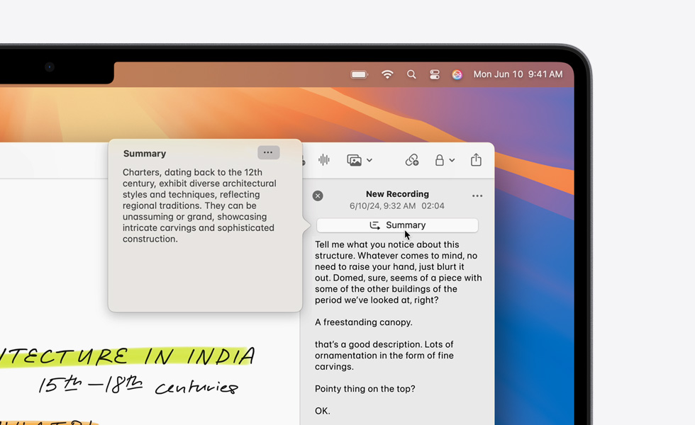 Apple Intelligenceの要約ツールによって作成された、MacBookのメモアプリでのオーディオ録音の文字起こしの要約
