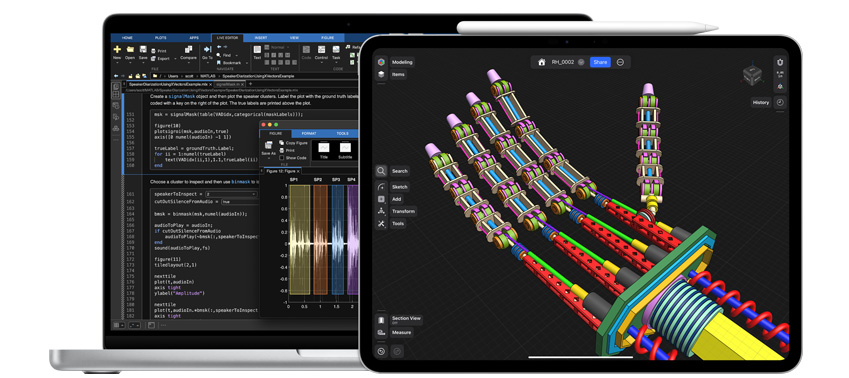 MacBookとiPadにSTEM（科学、技術、工学、数学）アプリが表示されており、iPadのそばにはApple Pencil Proがある