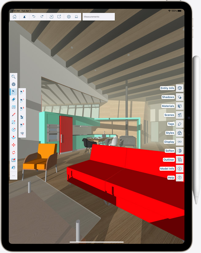 iPad Air, mille küljes on Apple Pencil, vertikaalpaigutus, ekraanil värvilised pildid