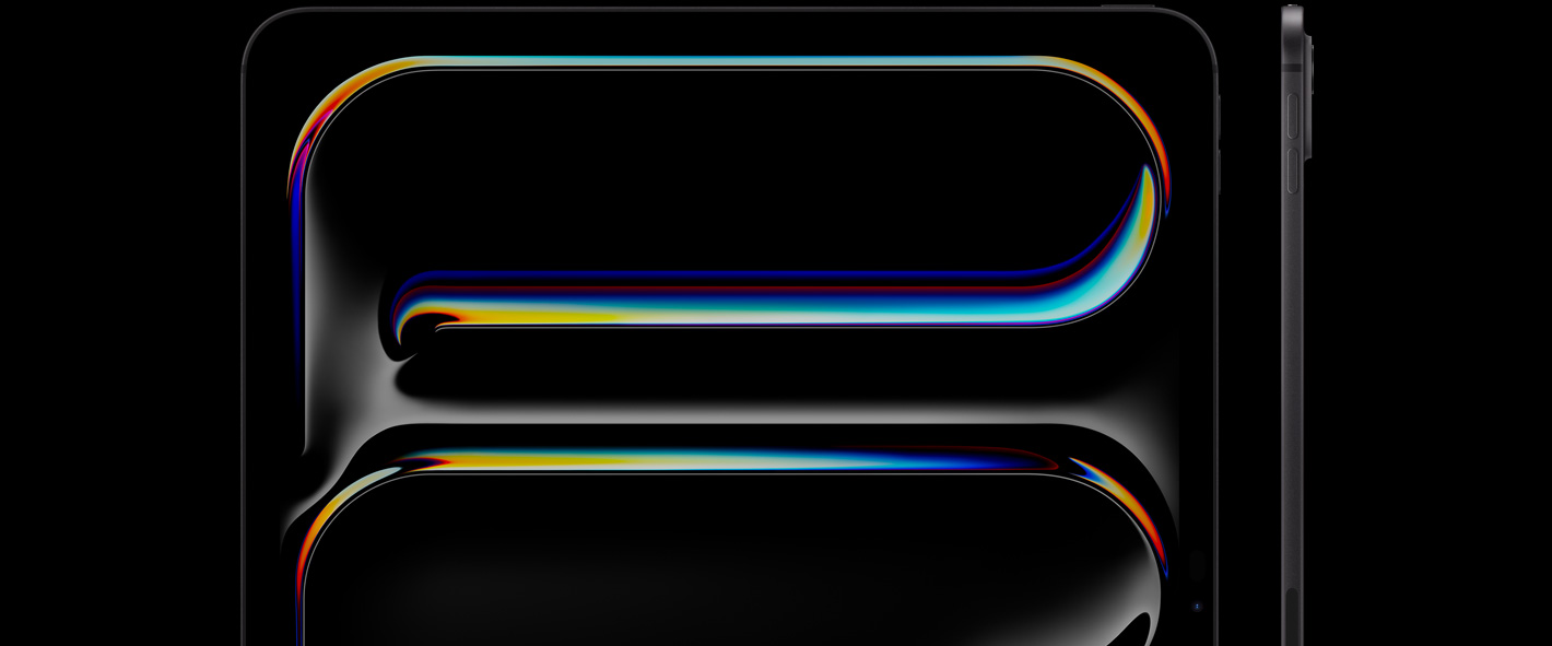 iPad Pro, parte frontal, en posición vertical, negro espacial, esquinas redondeadas, marco de la pantalla negro, la pantalla muestra un diseño lineal curvo de muchos colores, a la derecha, iPad Pro, parte lateral, en posición vertical, diseño delgado, botones de volumen, sistema de cámaras Pro en relieve