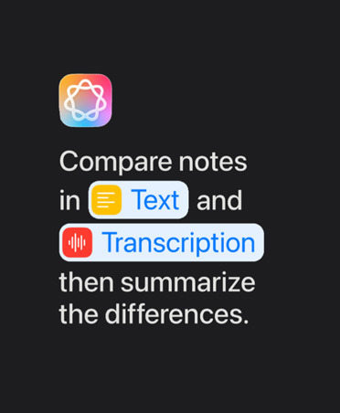 Ikona Apple Intelligence s textovým promptem: „Porovnej poznámky v textu a v přepisu a shrň rozdíly.“