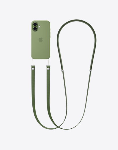 iPhone 17, back exterior, green case, green CrossBody strap attached