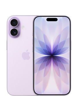 iPhone 17, sedd bakifrån, i färgen lavendel, dubbelt Fusion-kamerasystem längst upp till vänster, Apple-logotyp i mitten, sedd framifrån, i färgen lavendel, Dynamic Island i mitten längst upp