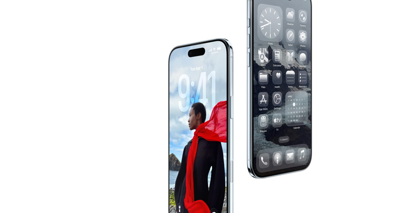 Dua perangkat iPhone Air, eksterior depan, eksterior samping, bentuk tipis, Layar Terkunci dinamis, Layar Home dengan aplikasi Liquid Glass