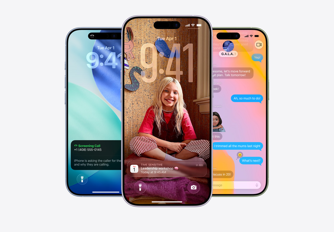 iPhone screen showing call screening pop-up, iPhone screen showing Calendar pop-up on personalized background with photo of a child, iPhone screen showing Messages with Liquid Glass design