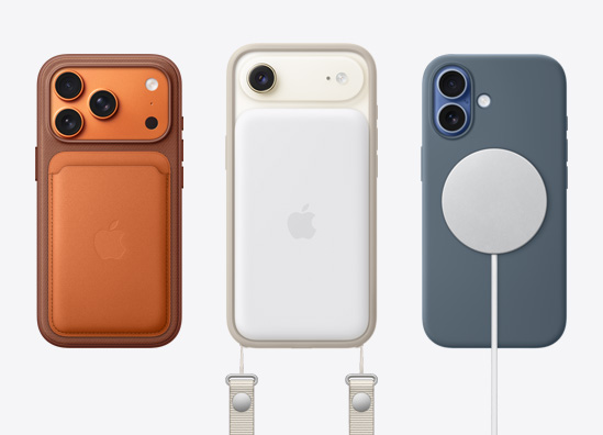 Flera iPhone-modeller sida vid sida: en iPhone 17 Pro sedd bakifrån med en FineWoven-plånbok ansluten till MagSafe, en iPhone Air i ljus guldfinish, sedd bakifrån, med axelrem och ett MagSafe-batteri anslutet, en iPhone Pro sedd bakifrån med blått skal och en MagSafe-laddare ansluten