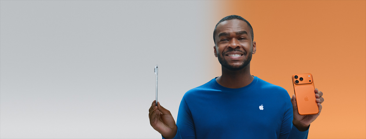 A Guided Tour, image of person holding iPhone Air in one hand, very thin titanium side, iPhone 17 Pro in other hand, cosmic orange back exterior.