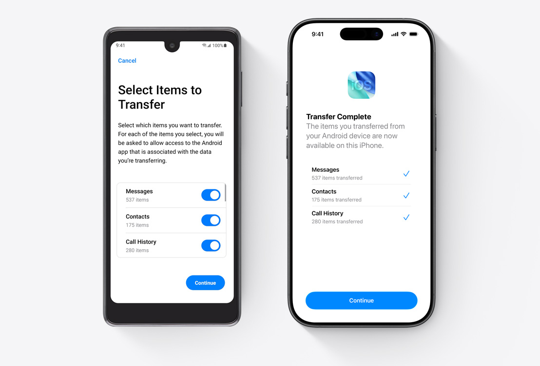 Side-by-side, Android screen showing Move to iOS App, iPhone screen showing Move to iOS App