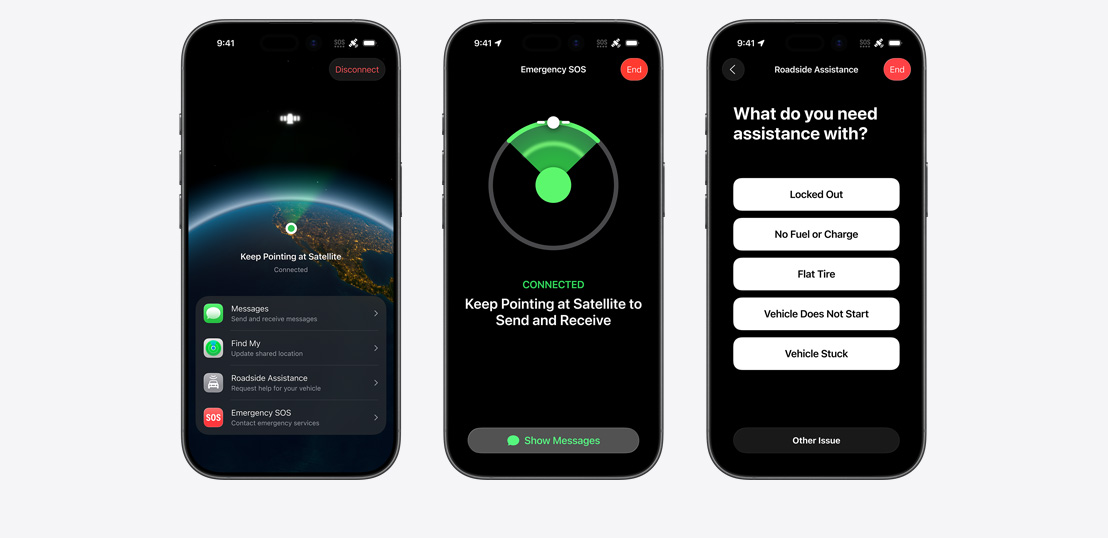 Side-by-side, iPhone screen showing Messages, Find My, Roadside Assistance widgets available via Satellite, iPhone screen showing Emergency SOS in use, iPhone screen showing Roadside Assistance in use